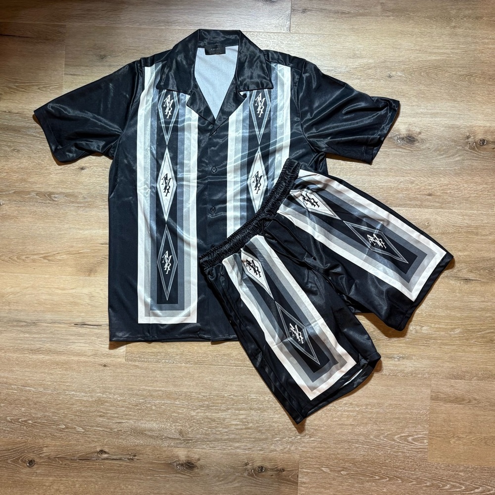 AMIRI Black and Silver Diamond print Silk Shirt & Shorts set Size L